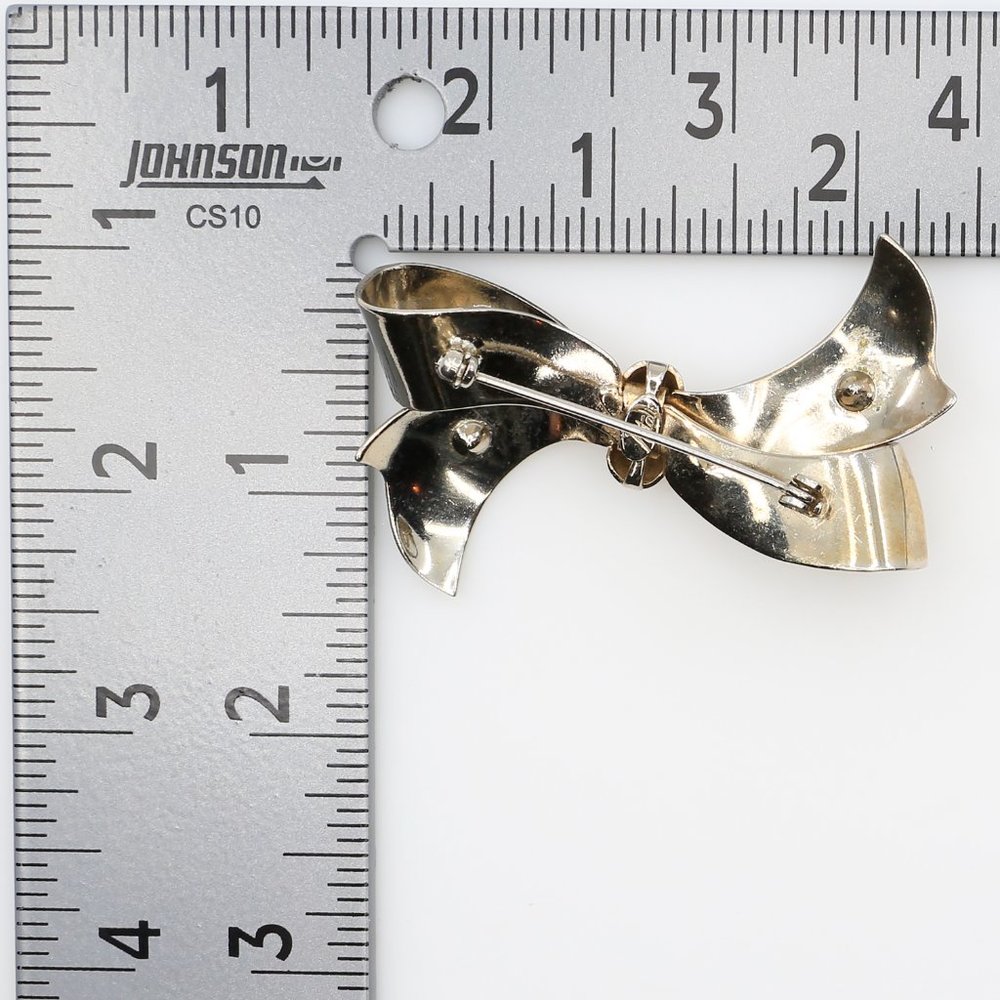 Vintage Natalie Art Moderne Silver Tone Bow Brooch With Orange Rhinestones 1940s - Picture 4 of 4